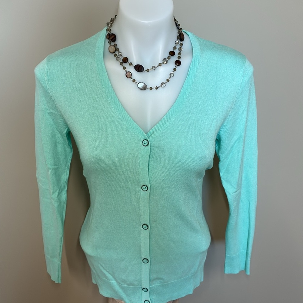 Cardigan Sweater, Lightweight, Mint-Green, V neck, XXS, 3/4 Length Sleeve